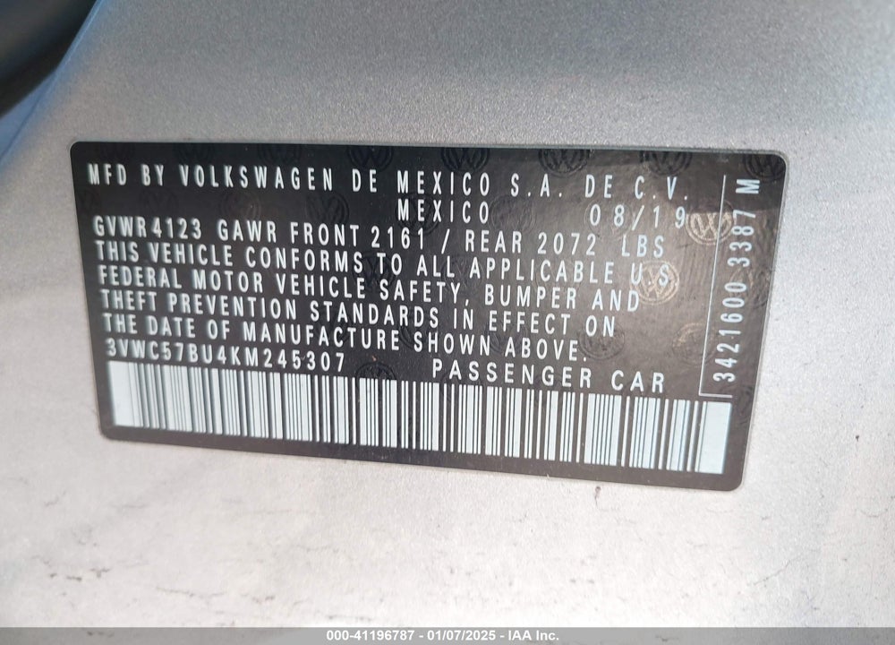 2019 VOLKSWAGEN JETTA 1.4T R-LINE/1.4T S/1.4T SE VIN: 3VWC57BU4KM245307