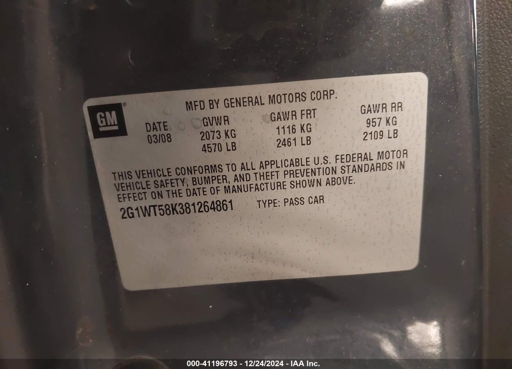 2008 CHEVROLET IMPALA LT VIN: 2G1WT58K381264861