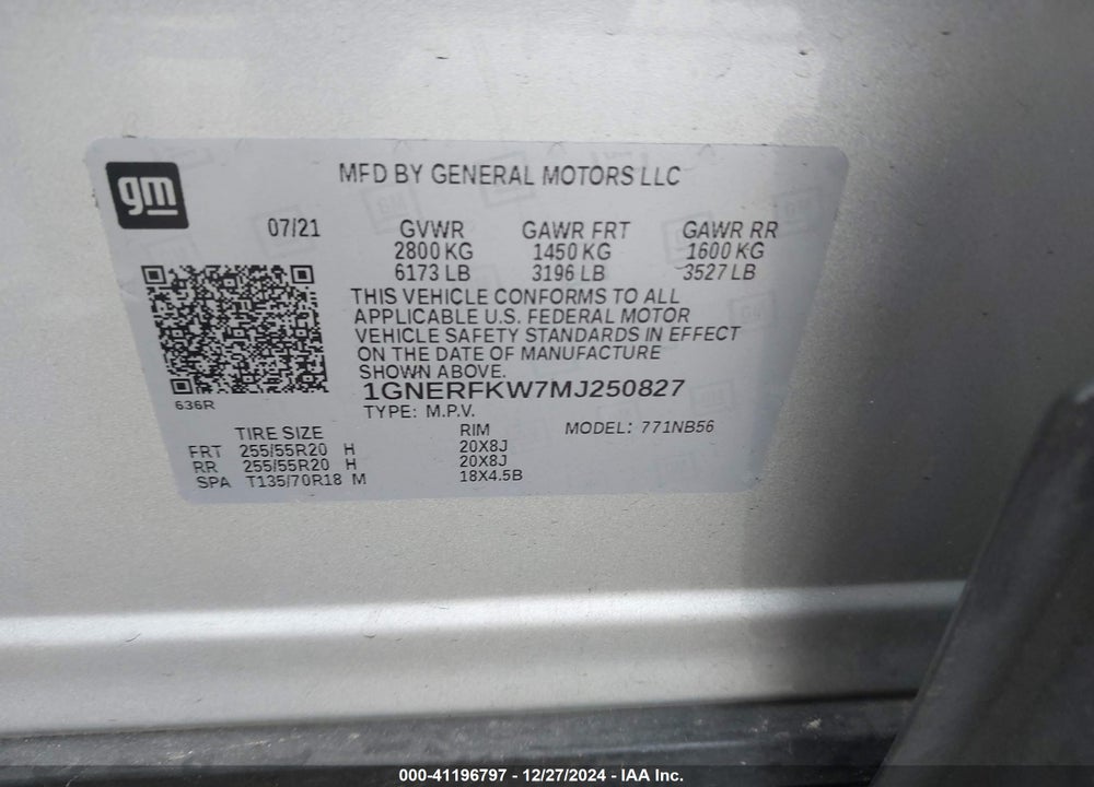 2021 CHEVROLET TRAVERSE FWD LS VIN: 1GNERFKW7MJ250827