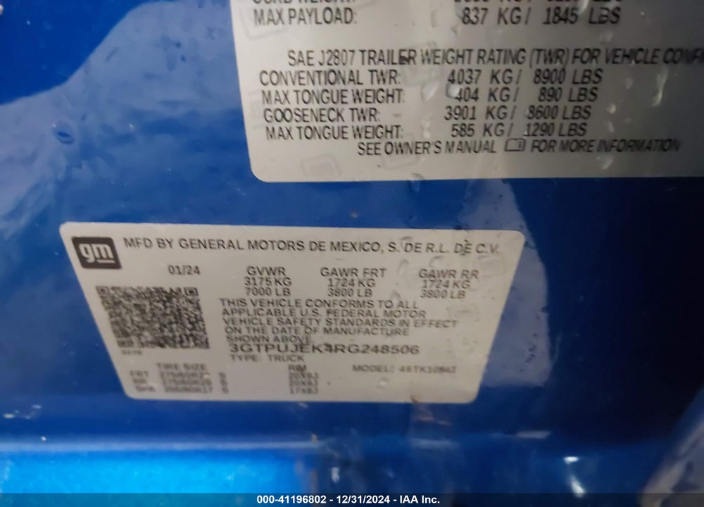 2024 GMC SIERRA VIN: 3GTPUJEK4RG248506