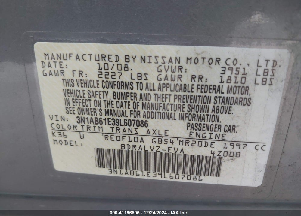 2009 NISSAN SENTRA 2.0SL VIN: 3N1AB61E39L607086