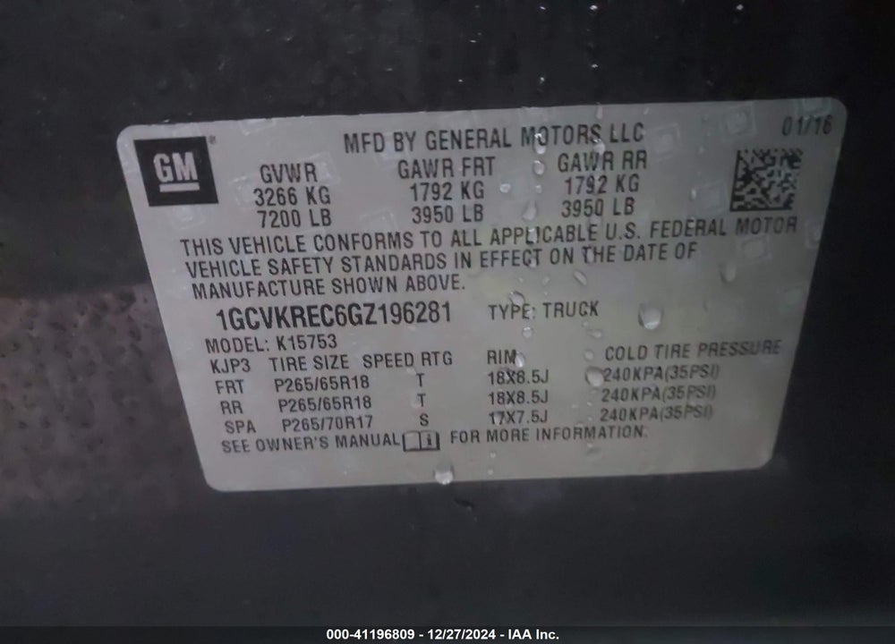 2016 CHEVROLET SILVERADO 1500 VIN: 1GCVKREC6GZ196281
