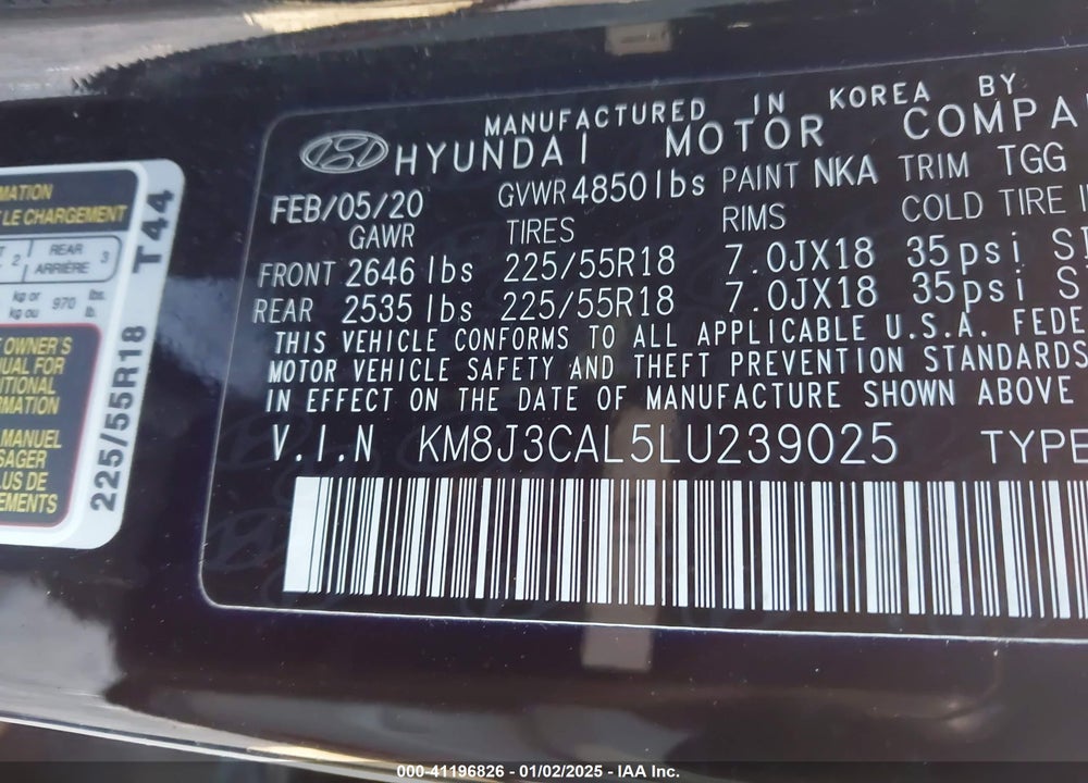 2020 HYUNDAI TUCSON SEL VIN: KM8J3CAL5LU239025