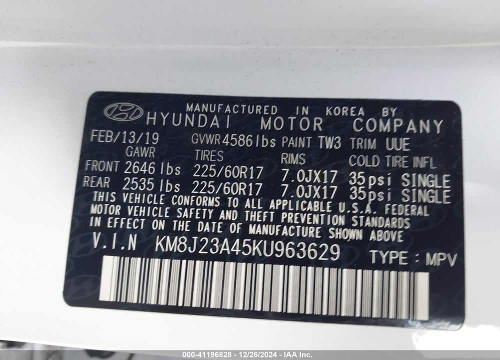 2019 HYUNDAI TUCSON SE VIN: KM8J23A45KU963629