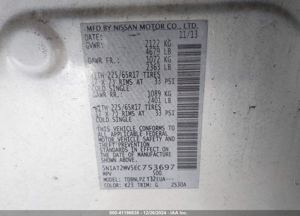2014 NISSAN ROGUE VIN: 5N1AT2MV5EC753697