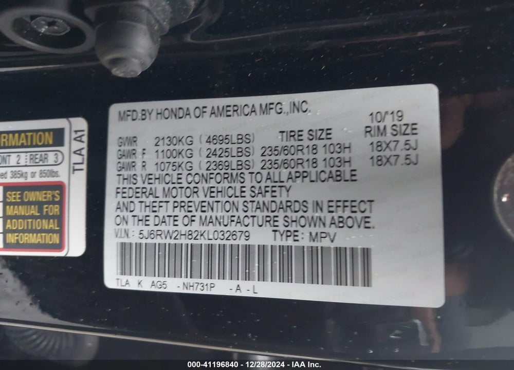 2019 HONDA CR-V EX-L VIN: 5J6RW2H82KL032679