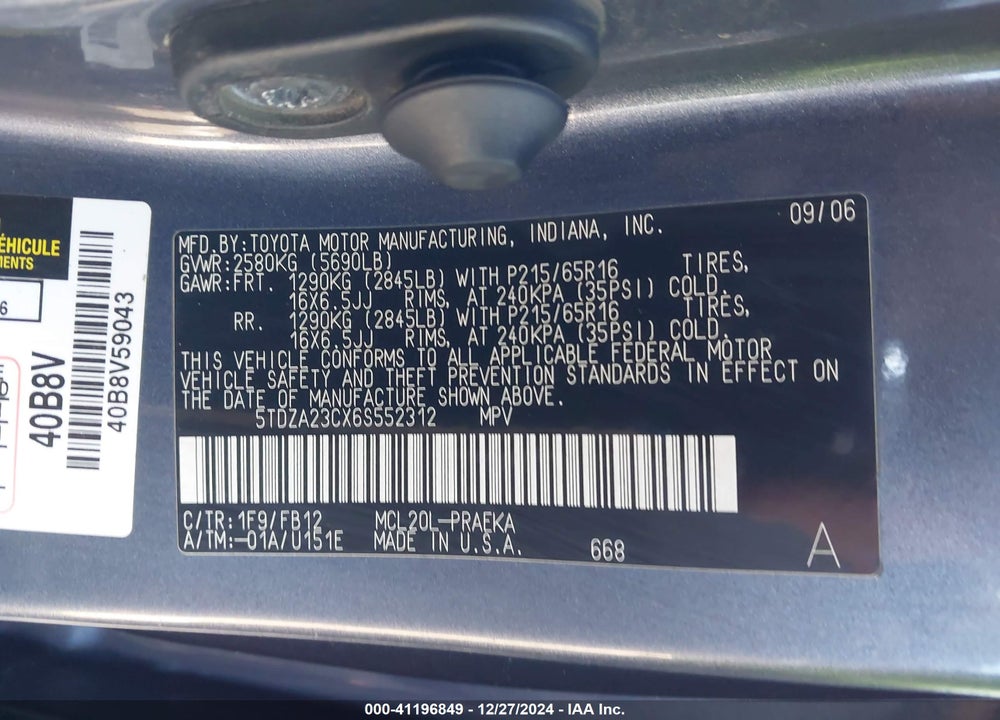 2006 TOYOTA SIENNA CE VIN: 5TDZA23CX6S552312