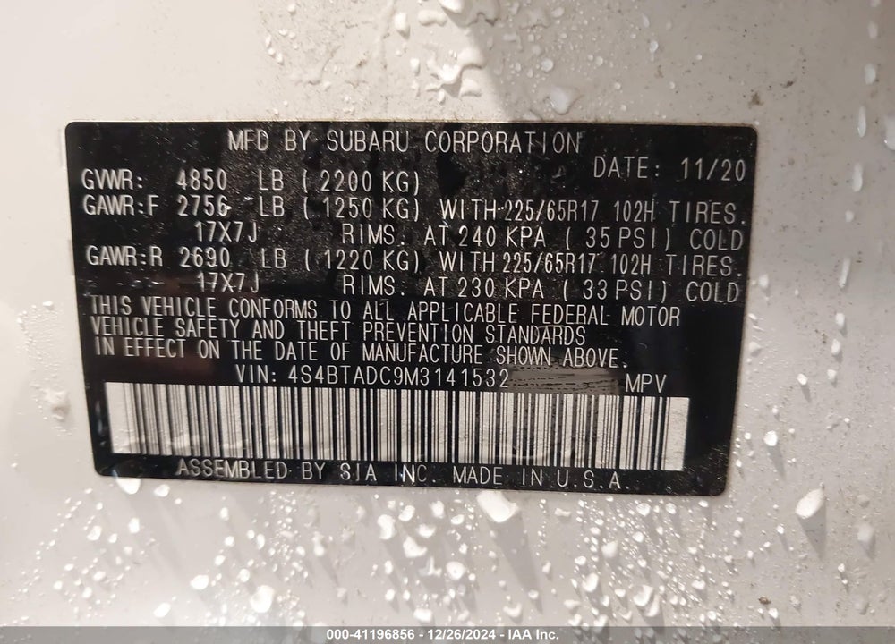 2021 SUBARU OUTBACK PREMIUM VIN: 4S4BTADC9M3141532