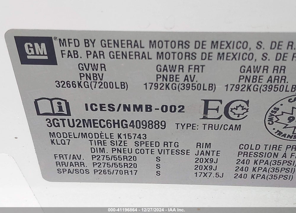 2017 GMC SIERRA 1500 VIN: 3GTU2MEC6HG409889