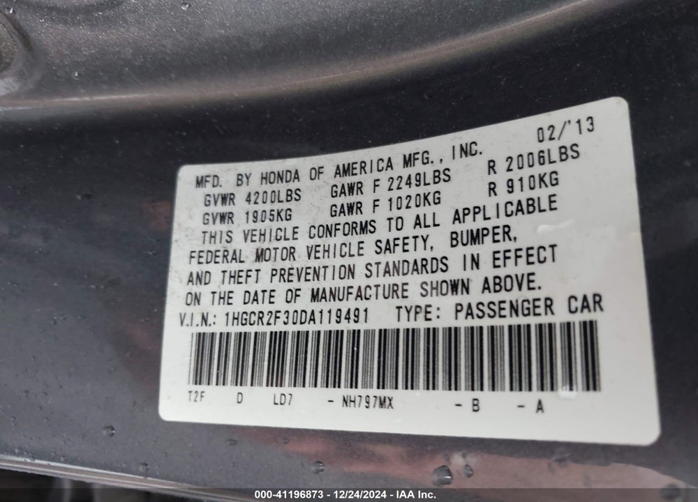2013 HONDA ACCORD LX VIN: 1HGCR2F30DA119491