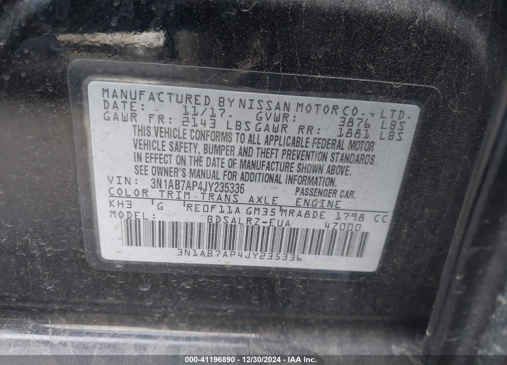 2018 NISSAN SENTRA SR VIN: 3N1AB7AP4JY235336