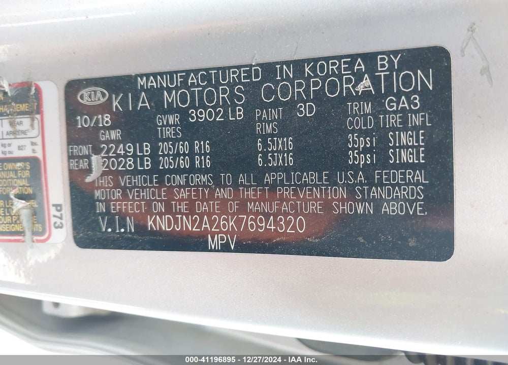 2019 KIA SOUL VIN: KNDJN2A26K7694320