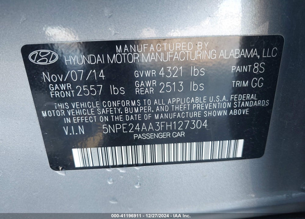 2015 HYUNDAI SONATA VIN: 5NPE24AA3FH127304