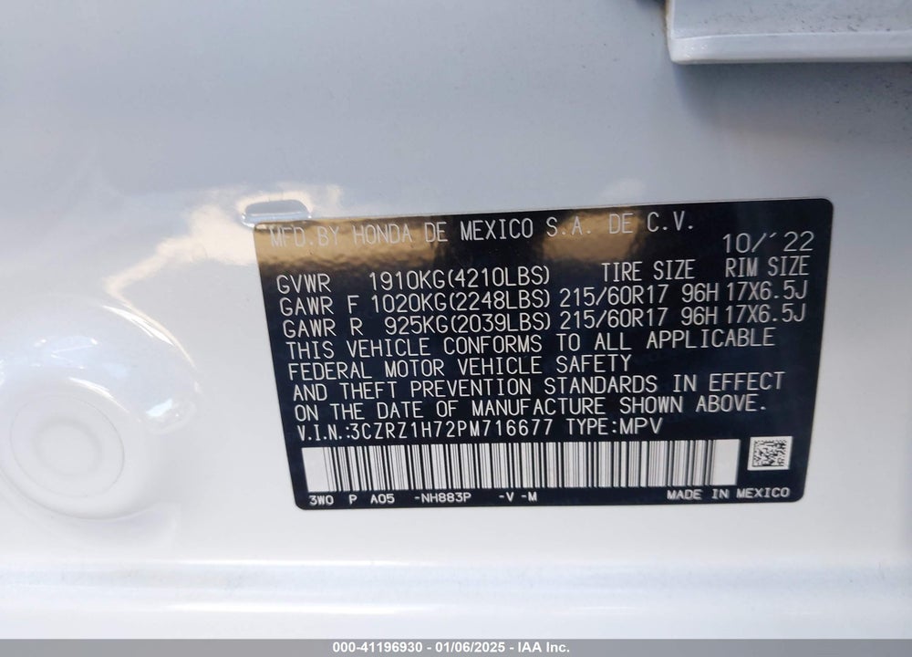 2023 HONDA HR-V 2WD EX-L VIN: 3CZRZ1H72PM716677
