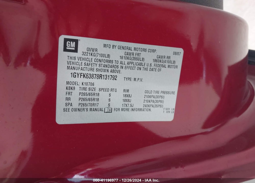 2008 CADILLAC ESCALADE VIN: 1GYFK63878R131792