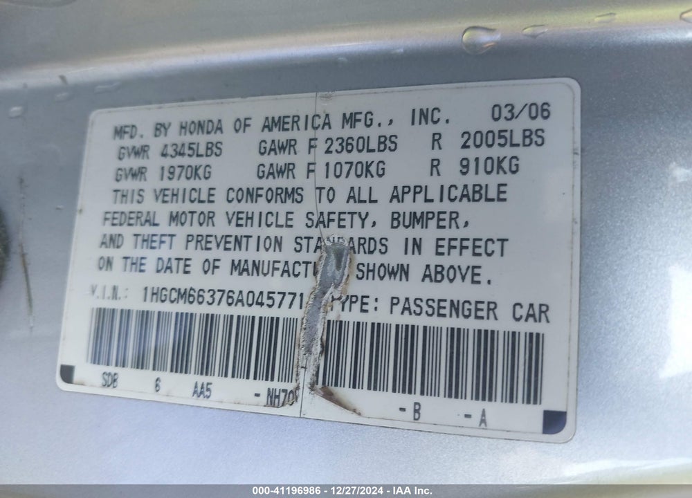 2006 HONDA ACCORD 3.0 LX VIN: 1HGCM66376A045771