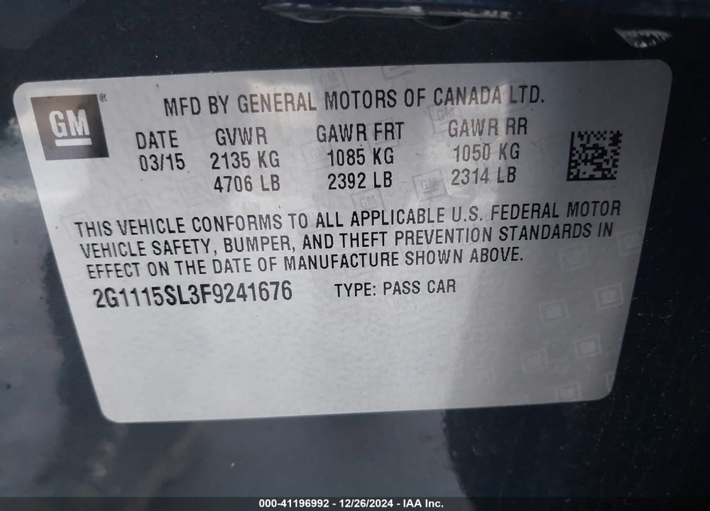 2015 CHEVROLET IMPALA 1LT VIN: 2G1115SL3F9241676