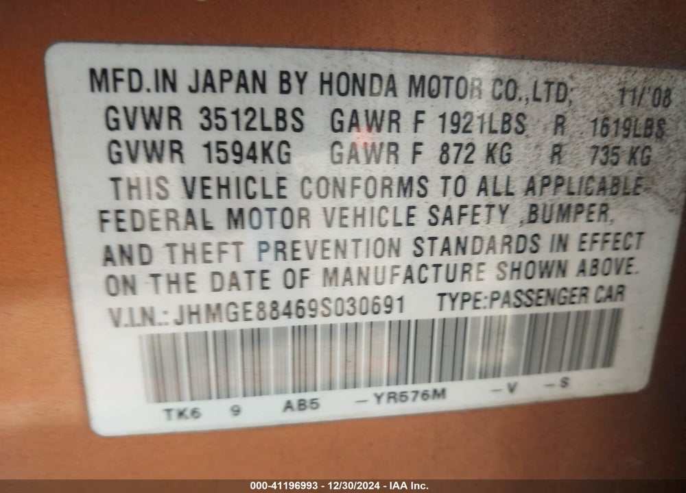 2009 HONDA FIT VIN: JHMGE88469S030691