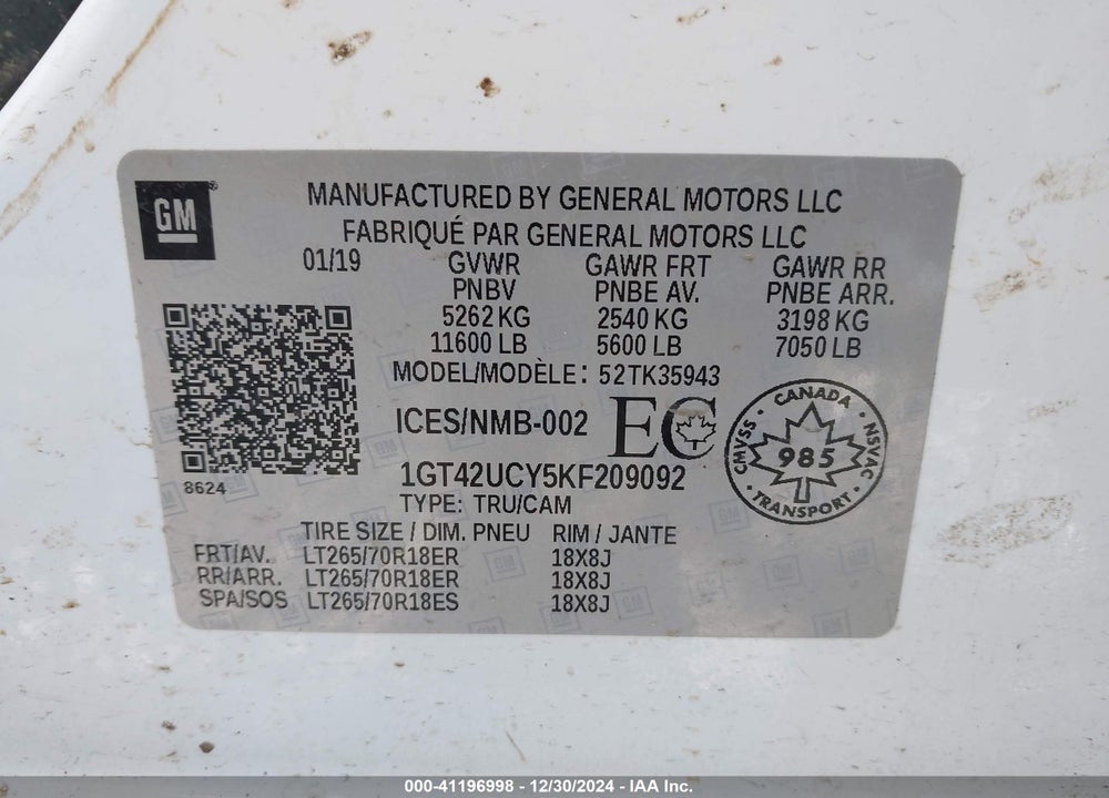 2019 GMC SIERRA 3500HD SLE VIN: 1GT42UCY5KF209092