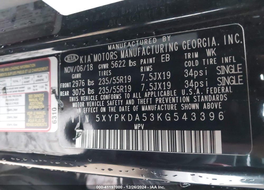 2019 KIA SORENTO 3.3L SX VIN: 5XYPKDA53KG543396