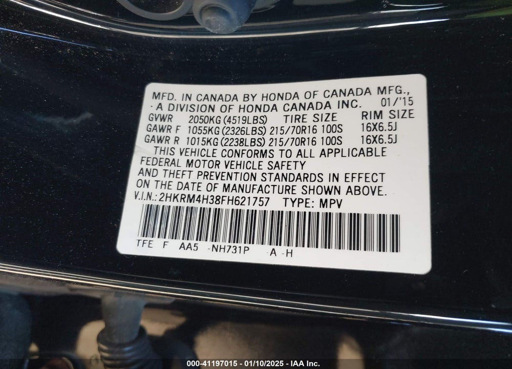 2015 HONDA CR-V LX VIN: 2HKRM4H38FH621757