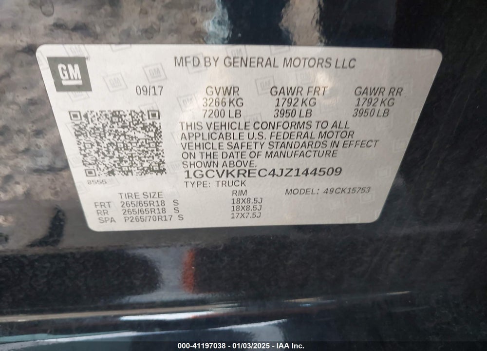 2018 CHEVROLET SILVERADO VIN: 1GCVKREC4JZ144509