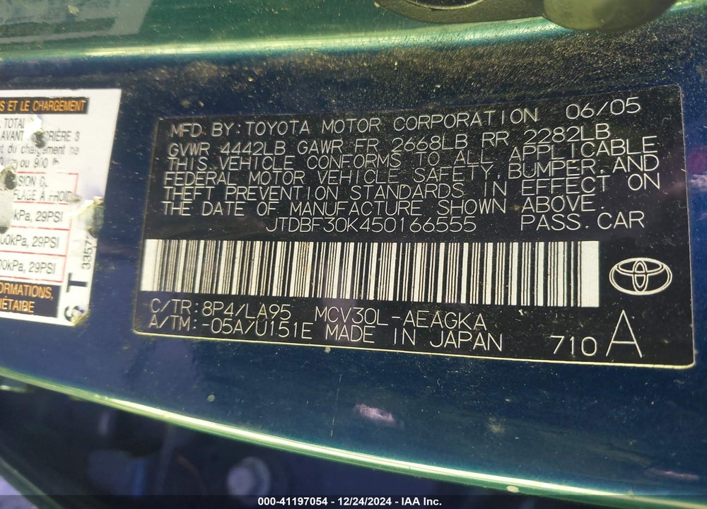 2005 TOYOTA CAMRY XLE V6 VIN: JTDBF30K450166555
