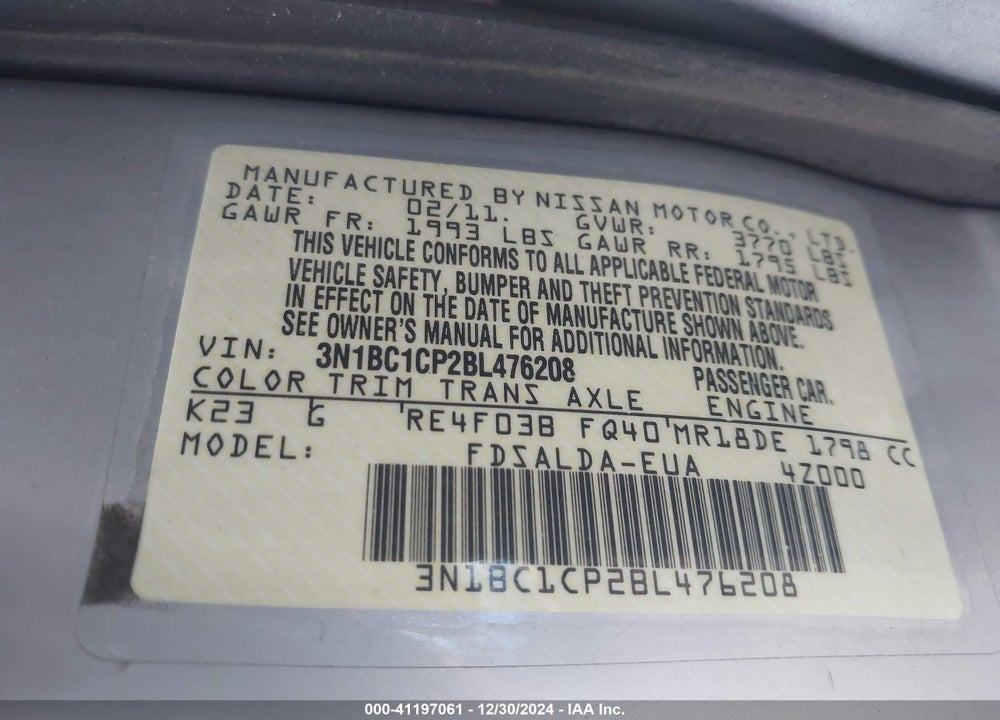 2011 NISSAN VERSA 1.8S VIN: 3N1BC1CP2BL476208
