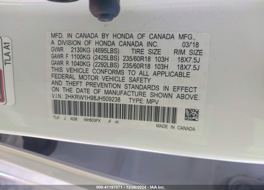 2018 HONDA CR-V TOURING VIN: 2HKRW1H98JH509238