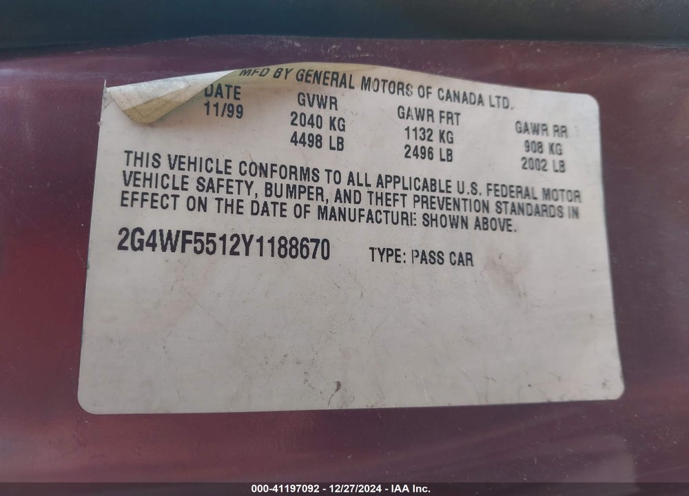 2000 BUICK REGAL GS VIN: 2G4WF5512Y1188670