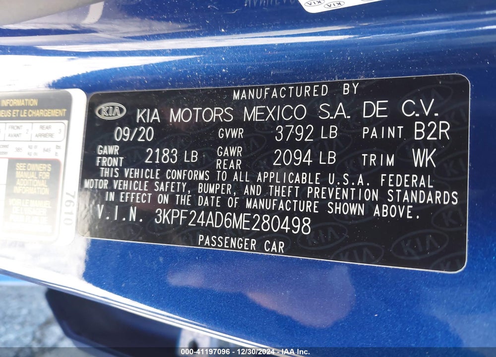 2021 KIA FORTE VIN: 3KPF24AD6ME280498