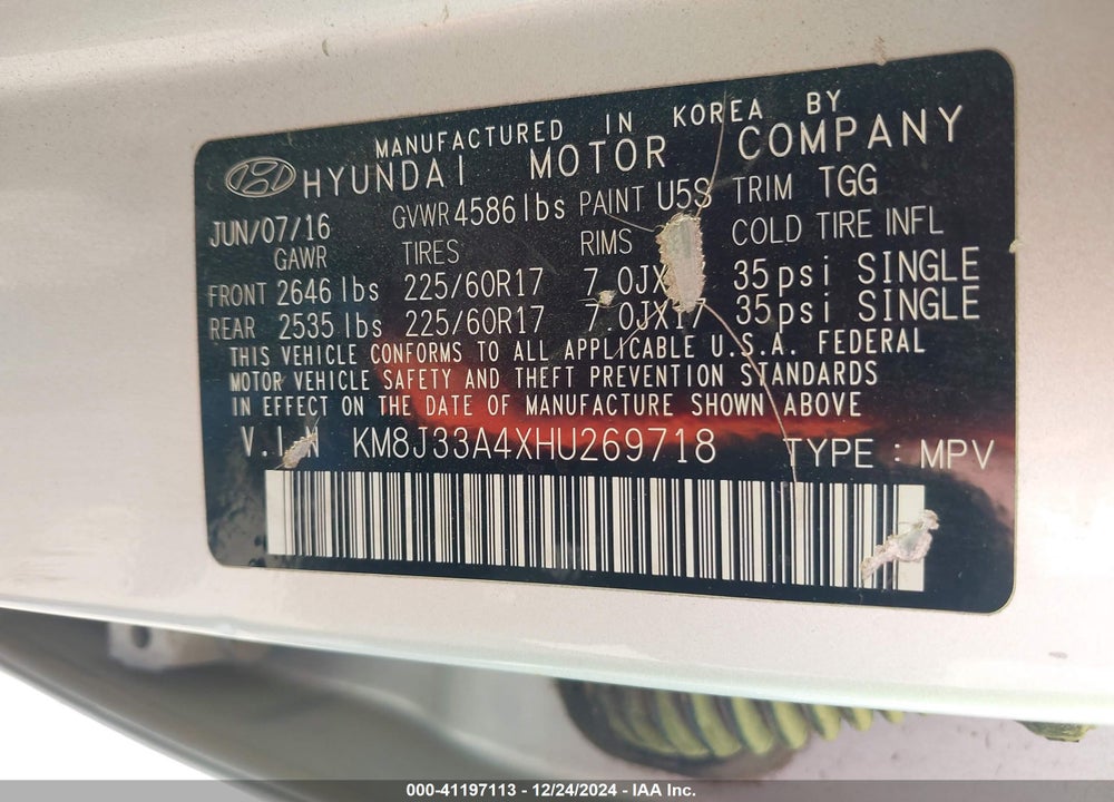 2017 HYUNDAI TUCSON SE VIN: KM8J33A4XHU269718