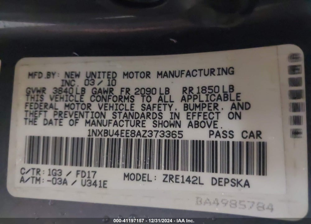 2010 TOYOTA COROLLA S VIN: 1NXBU4EE8AZ373365