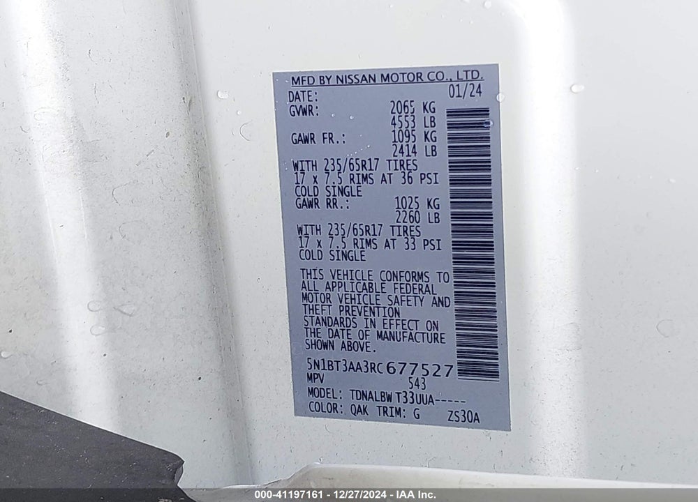 2024 NISSAN ROGUE S FWD VIN: 5N1BT3AA3RC677527