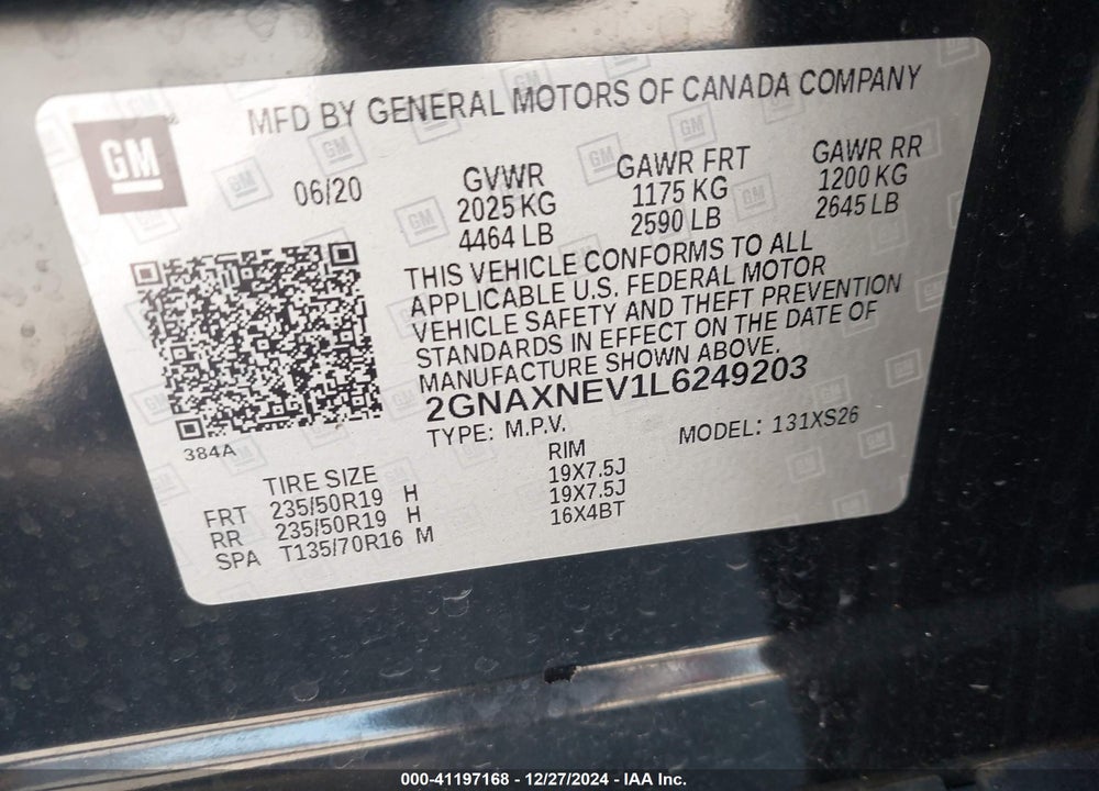 2020 CHEVROLET EQUINOX FWD PREMIER 1.5L TURBO VIN: 2GNAXNEV1L6249203