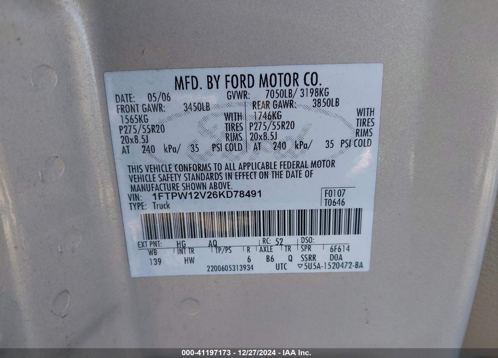 2006 FORD F-150 VIN: 1FTPW12V26KD78491
