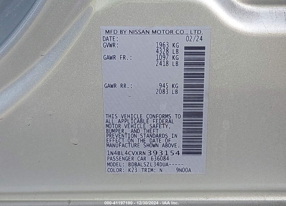 2024 NISSAN ALTIMA SR FWD VIN: 1N4BL4CVXRN393154