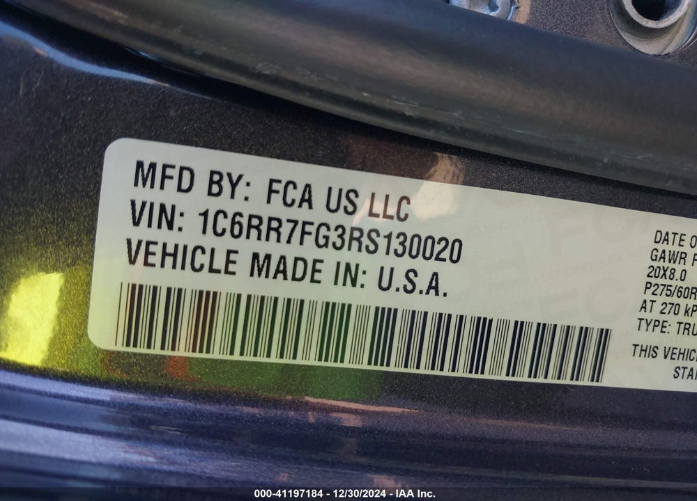 2024 RAM 1500 CLASSIC VIN: 1C6RR7FG3RS130020