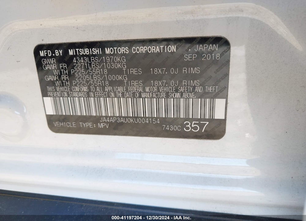 2019 MITSUBISHI OUTLANDER SPORT 2.0 ES VIN: JA4AP3AU0KU004154