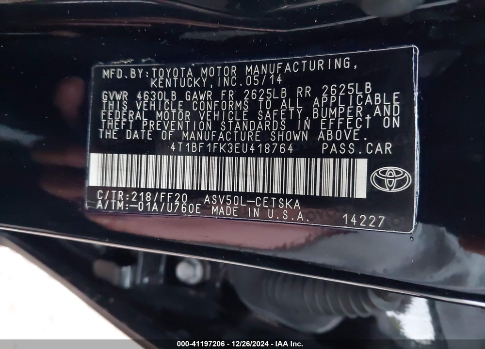 2014 TOYOTA CAMRY SE VIN: 4T1BF1FK3EU418764
