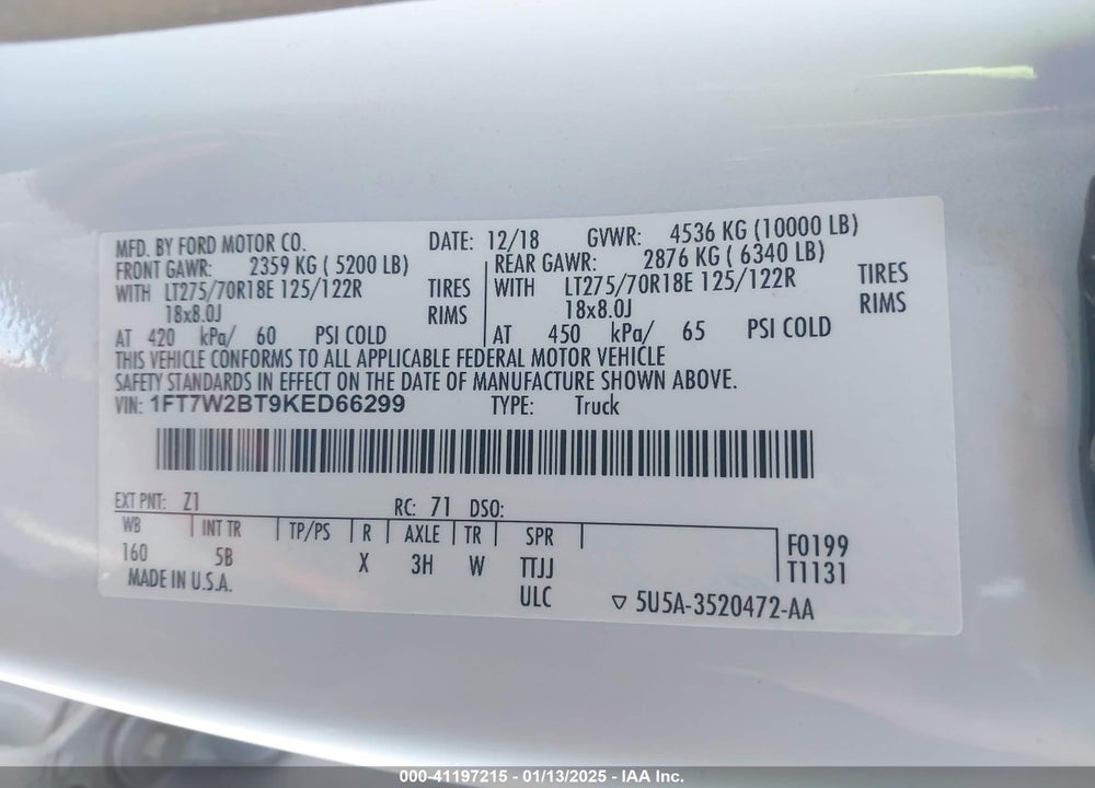 2019 FORD F-250 LARIAT VIN: 1FT7W2BT9KED66299