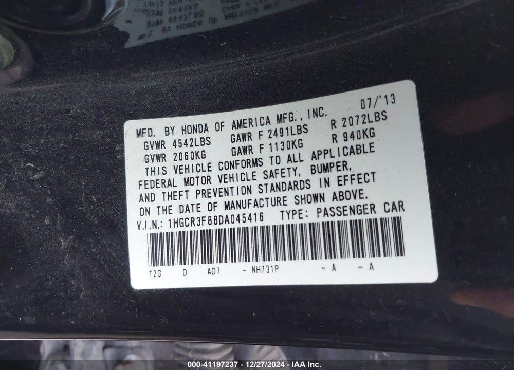 2013 HONDA ACCORD VIN: 1HGCR3F88DA045416