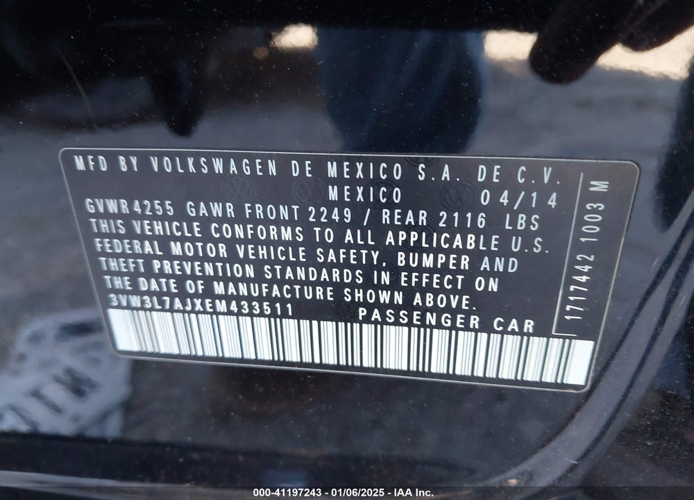 2014 VOLKSWAGEN JETTA 2.0L TDI VALUE EDITION VIN: 3VW3L7AJXEM433511