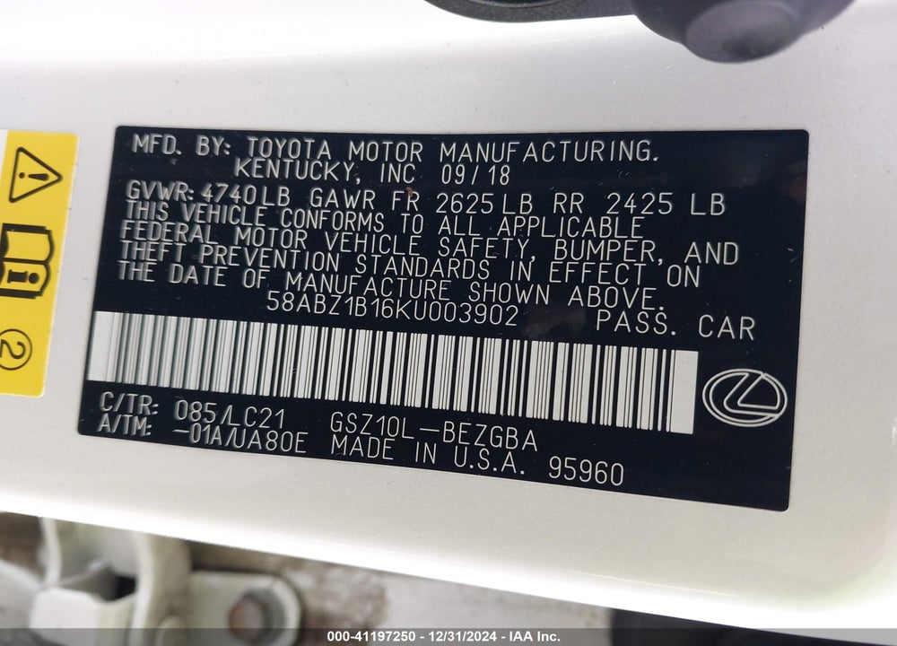 2019 LEXUS ES 350 ULTRA LUXURY VIN: 58ABZ1B16KU003902