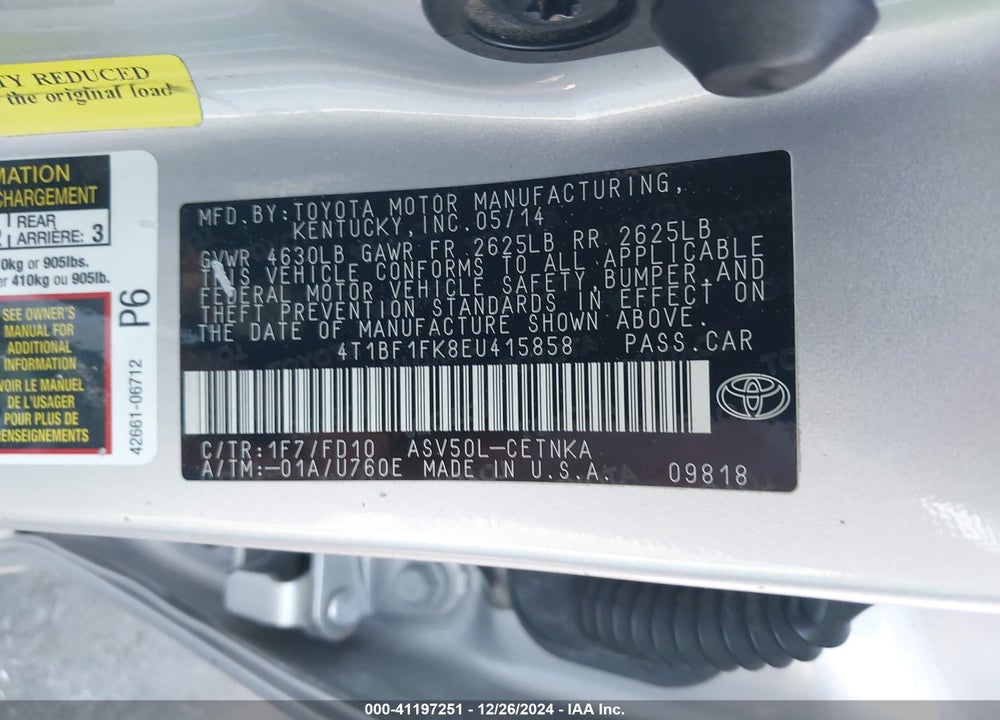 2014 TOYOTA CAMRY LE VIN: 4T1BF1FK8EU415858