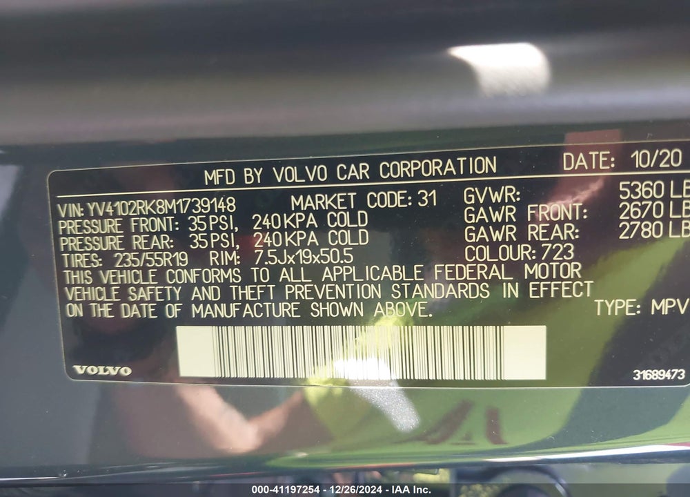 2021 VOLVO XC60 T5 MOMENTUM VIN: YV4102RK8M1739148