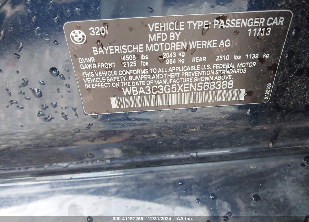 2014 BMW 320I XDRIVE VIN: WBA3C3G5XENS68388