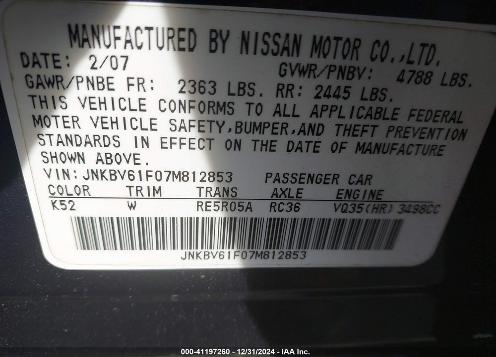 2007 INFINITI G35X VIN: JNKBV61F07M812853