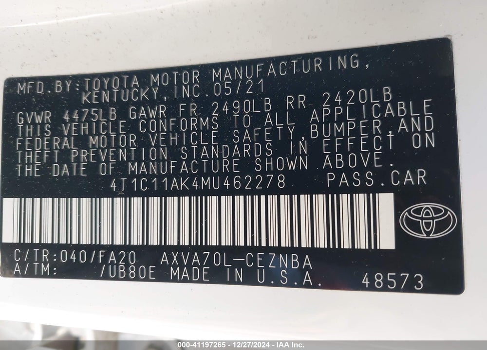 2021 TOYOTA CAMRY LE VIN: 4T1C11AK4MU462278