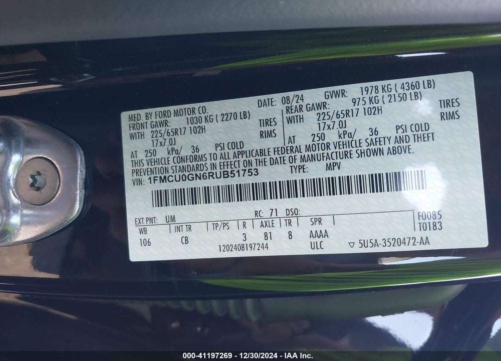 2024 FORD ESCAPE ACTIVE VIN: 1FMCU0GN6RUB51753